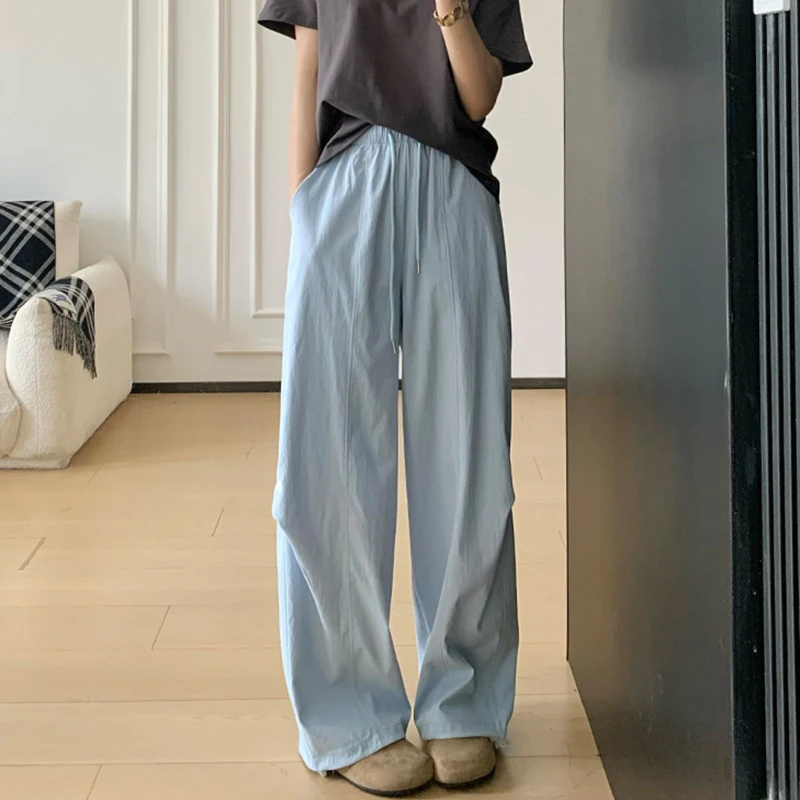 American Quick Drying Wide Leg Pants Women 2026 Summer Elastic Waist Thin Cargo Pants Woman Drawstring Baggy Casual Trousers
