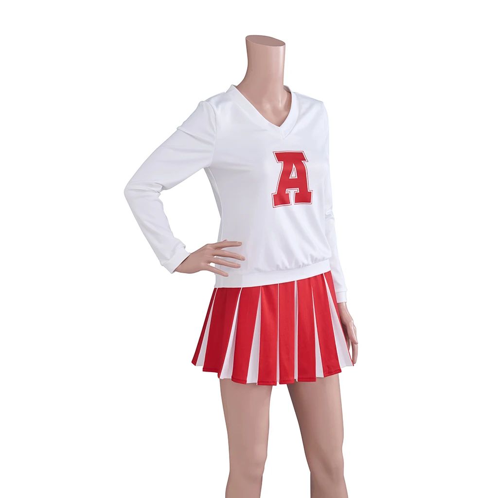 Betty Nerd Cheerleader Uniform Women Movie Character Cosplay Costume V-Neck Letter A Long Sleeve Top Red Pleated Skirt Outfits - view 2