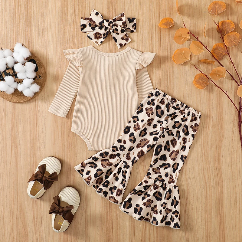 

Infant Baby Girls Autumn Jumpsuit Solid Color Ribbed Fly Sleeve Round Neck Romper Leopard Cow Flare Pants