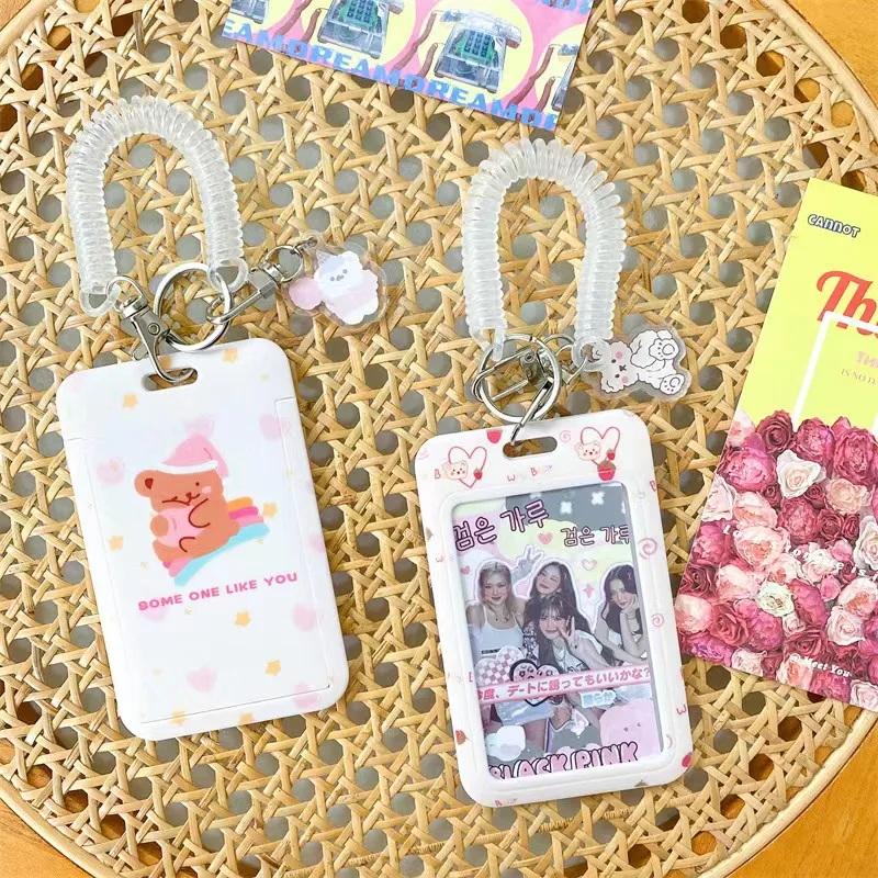 Kawaii Bear 3 inch Kpop Photocard Holder keychain with pendant Credit ID Bank Card Photo Display Holder Protective Case