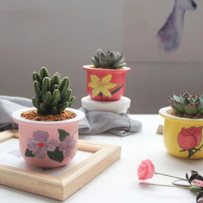 Handpainted Flower Porcelain Hat Shape Flowerpot Succulent Plant Pot Desktop Ornaments Green Plant Container Vase Home Decor