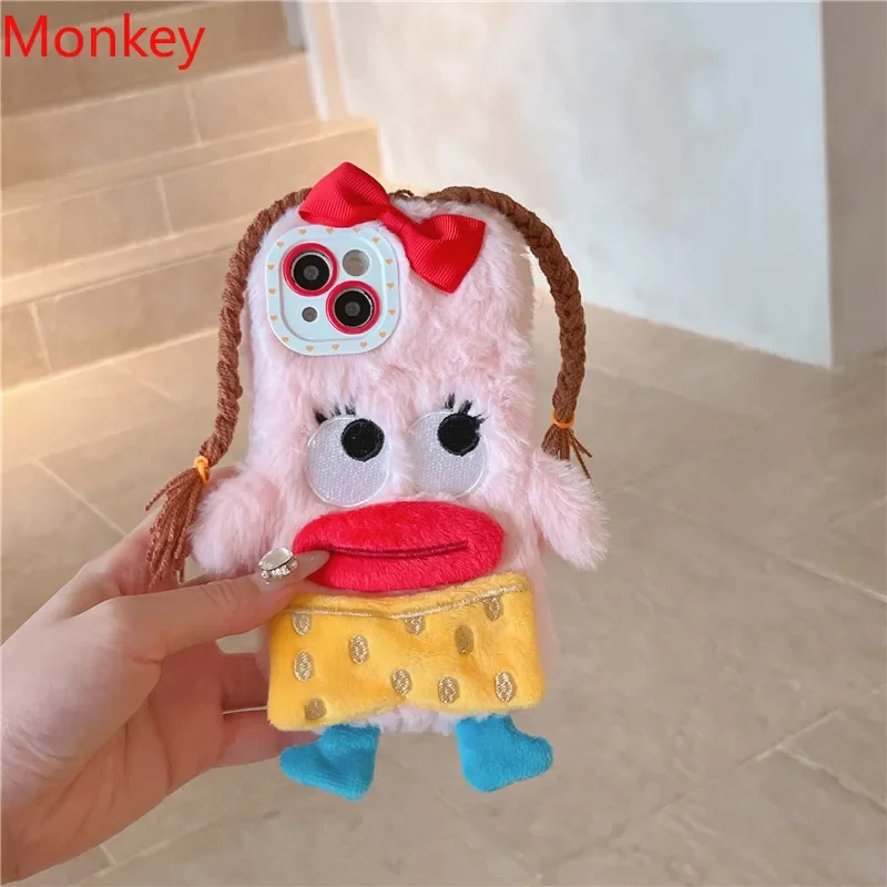 3D Cartoon Braided Girl Silicone Phone Case For iPhone 16 pro 15 Plus 14 13 12 11 Pro Max Cute Warm Fur Sausage Mouth Cover Gift