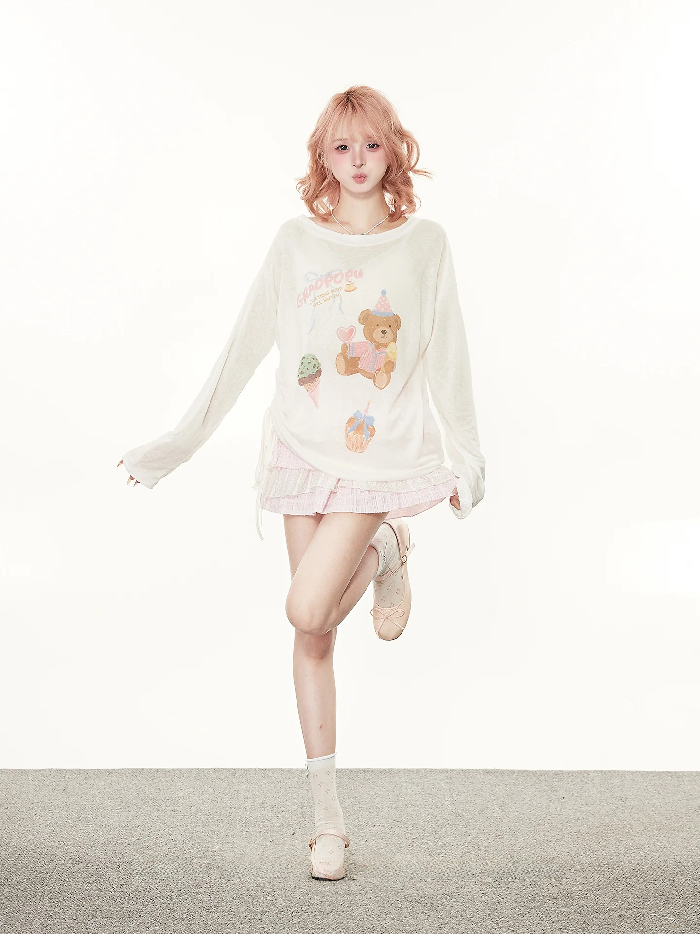 Sweet Casual Long Sleeve T-Shirt Women's Cute Bear Pattern Loose Top Spring Autumn Thin Drawstring Cover up Summer Breathable