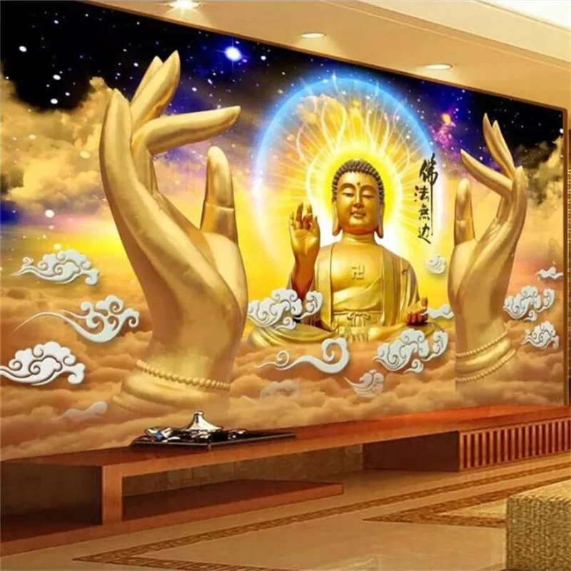 

Custom wallpaper 3d Europe and America Buddha statue restaurant bar wallpaper Dharma boundless big day Golden Buddha hand murals