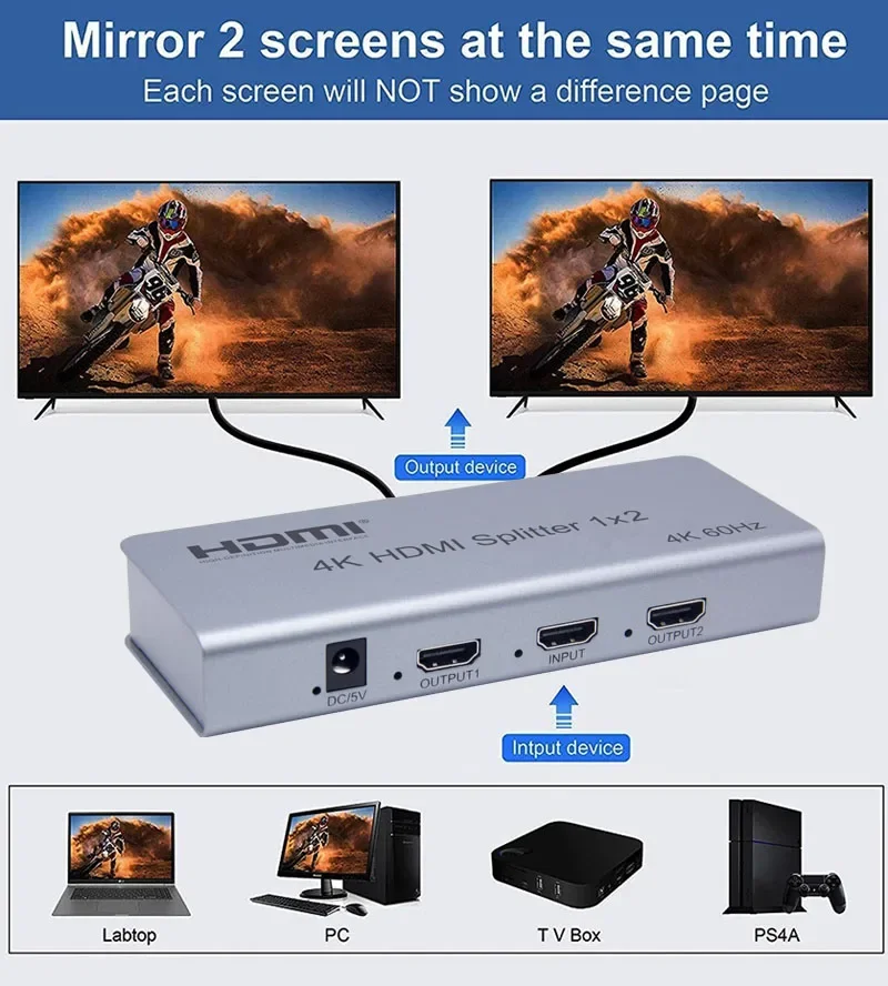 4K 60hz HDMI 2.0 Splitter 1x2 1 In 2 Out HDCP 2.2 EDID RS232 1080P Dual Display for PS4 Xbox Camera PC TO TV Monitor Projector