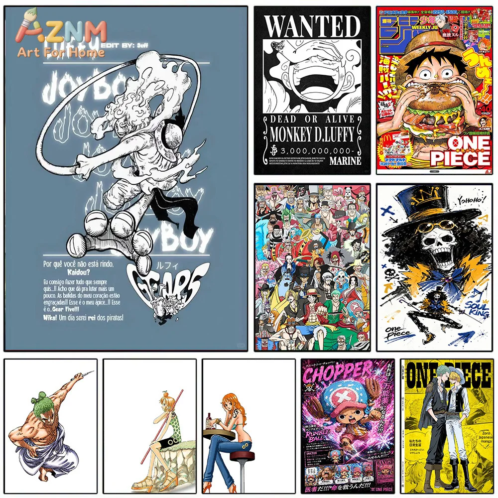AZNM One Piece Gear 5 Joyboy Luffy Póster de Busca de Recompensas Zoro Nami Chopper Brook Lienzo de Anime para Pared Impresión de Manga Lienzo sin Marco
