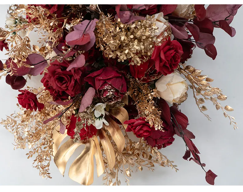 Burgunderrote Roségold-Blätter Hochzeits-Hintergrund-Bogen Hängende Blumenreihe Dekoration Blumenarrangement Wegführung Blumenreihe Willkommens-Requisiten – Detail 6
