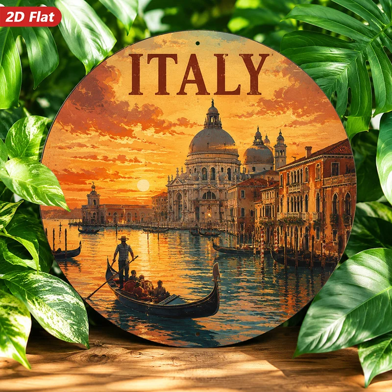 2D Flat, 1pc Italy Sunset Venice Round Metal Sign Wall Art, Italy Lettering, Ideal for Dining Room Study, Grand Canal Gondola, S