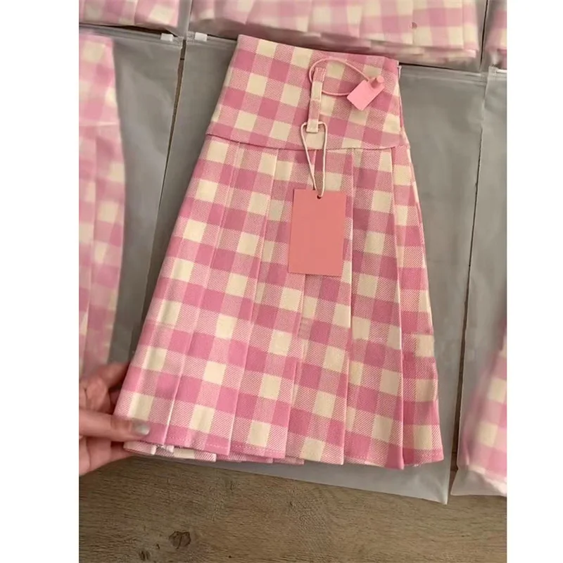 Pink Plaid Print JK Pleated Women\'s Skirt High Waist Cutecore Preppy Style Y2k Kawaii Japanese School Uniform Casual Mini Skirts