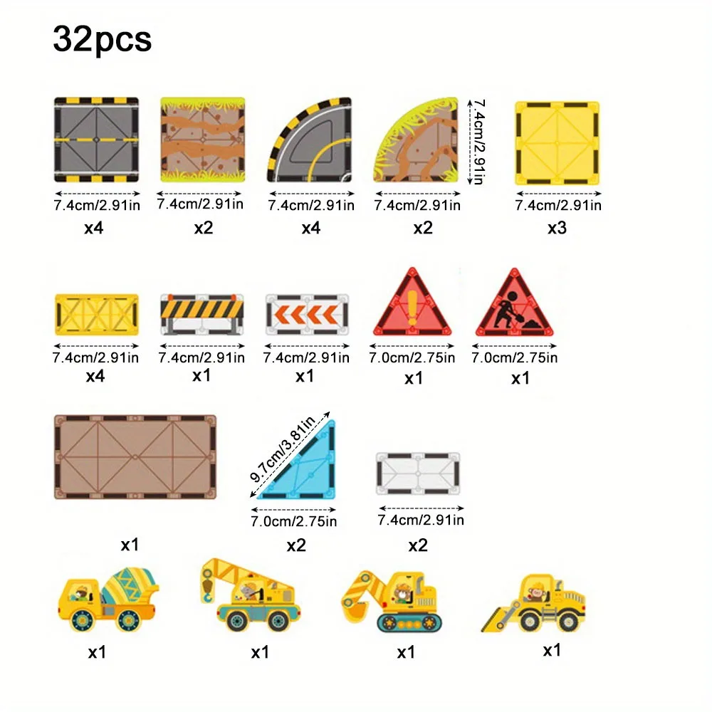 DIY 32pcs Engineering Vehicle Magnetic Building Blocks - Large STEM Toy Set Creative Magnetic Toys, Children Educational Gift