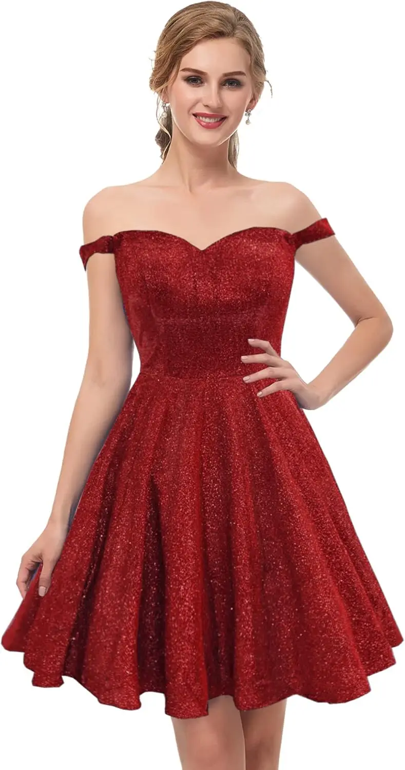 Abiti da ritorno a casa Una linea per ragazzi Abito corto da ballo glitterato con tasche con spalle scoperte Abito da festa di laurea 2026 Rosso intenso