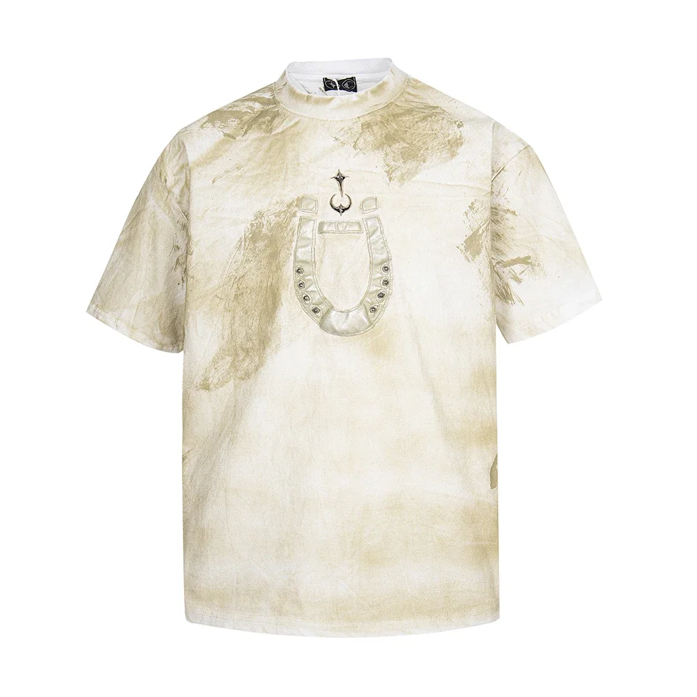 Metal Logo Rivet Short Sleeve T-shirt for Men Round Neck Washed Summer Loose Top Tees Streetwear Baggy Cotton Unisex Tshirts