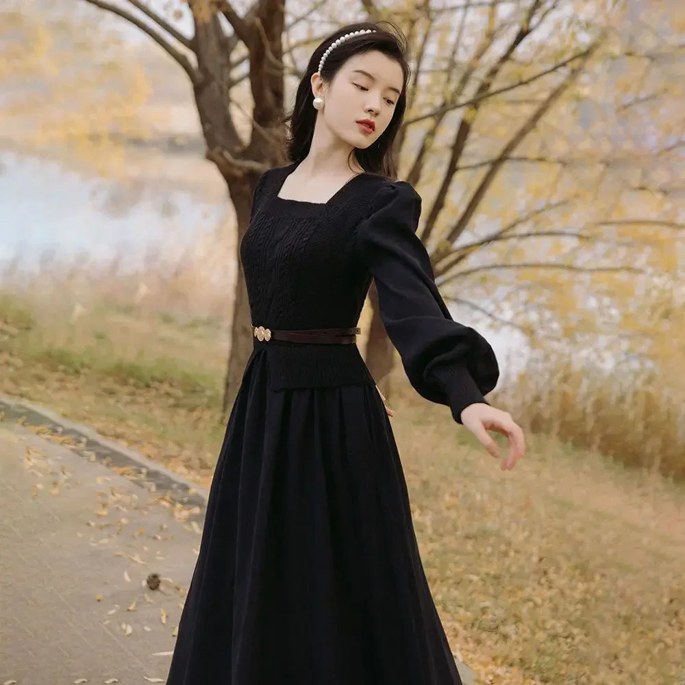2025 Vintage Elegant Sweater Dress Women Autumn Winter New French Bubble Lantern Sleeve Long Dresses Fake Two-piece - Image 5