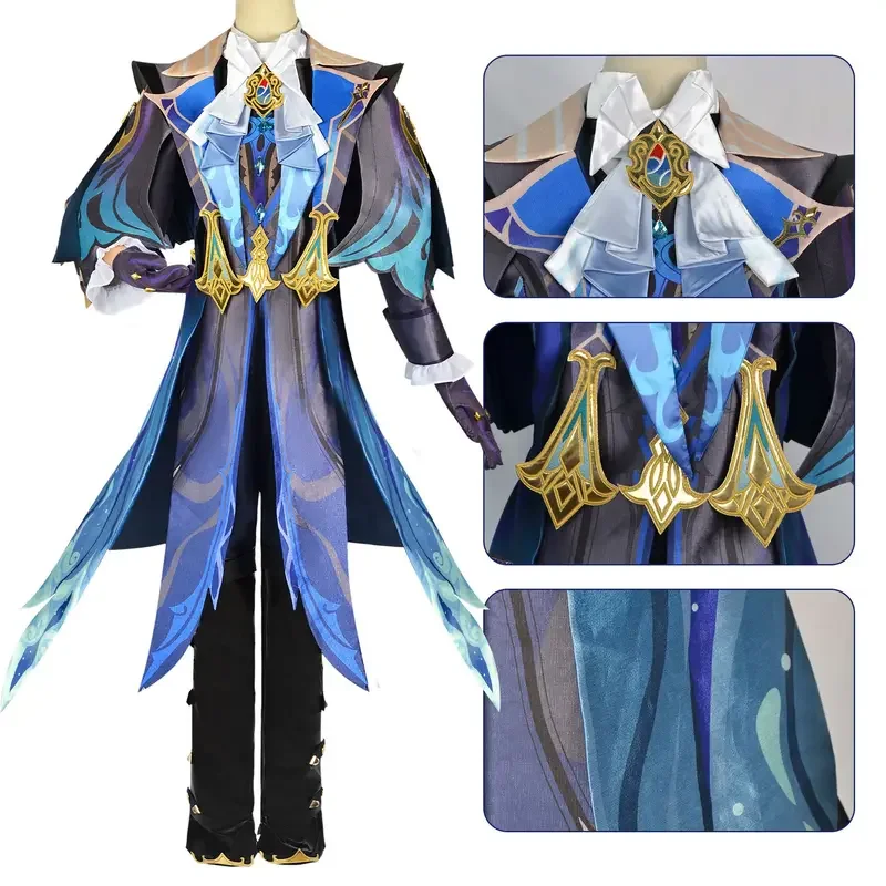 Newvillett Cosplay Genshin Impact Costume Wig Gloves Uniform Fontaine Chief Justice Judgement Halloween Party Role Play Suit