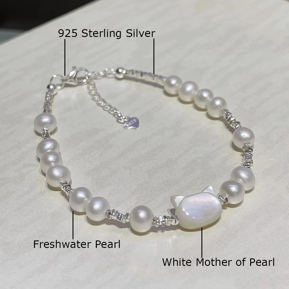 Cute and Adorable Natural Sea Shell Carved Cat Crushed Silver Pearl Bracelet for Gilrs with 5-6mm Real Freshwater Baby Pearls