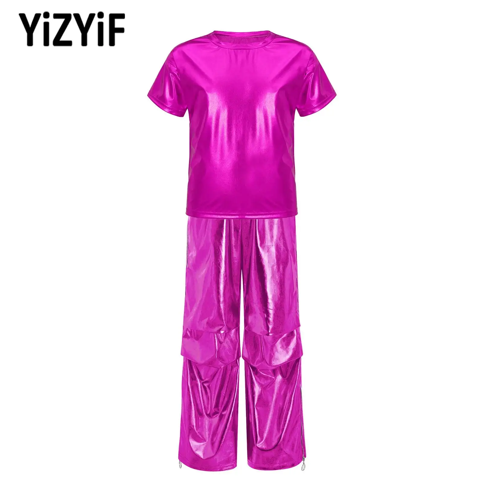 

Костюм для джазовых танцев для девочек и мальчиков, комплекты для выступлений в стиле хип-хоп, детская футболка с короткими рукавами и металлическим блеском + брюки-карго для танцевальной вечеринки