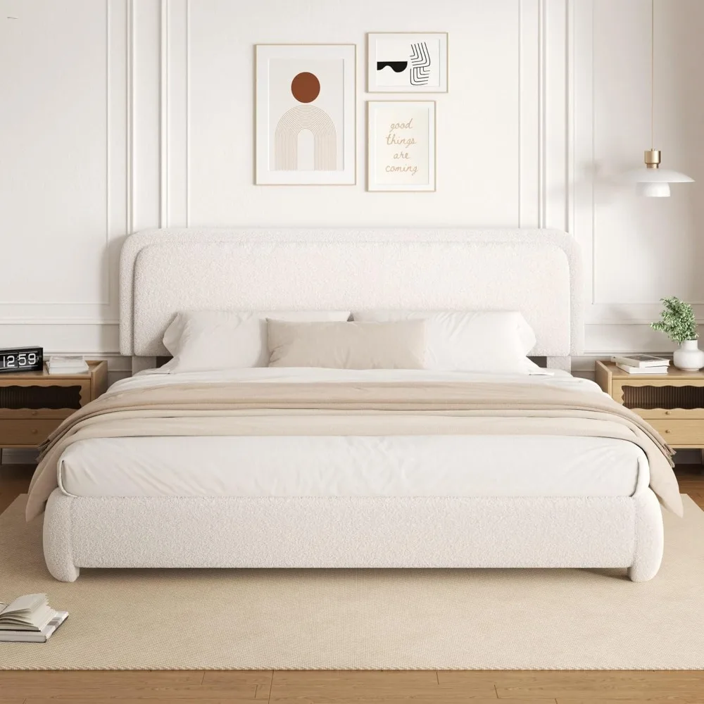

King Size Boucle Bed Frame, Upholstered Cloud Platform Bed Frame with Headboard, Anti-Collision Soft Rounded Corners, No Box Spr