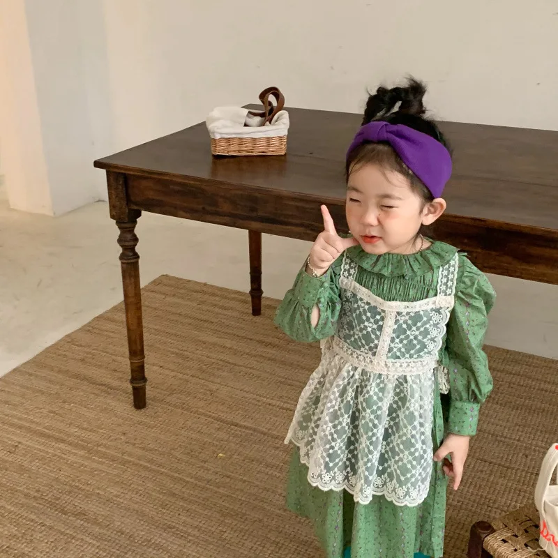 Summer Children's Clothing Girls' Mori Lotus Leaf Collar Floral Dress Lace Hollow Sling Apron Set Baby Photograph Props Clothing