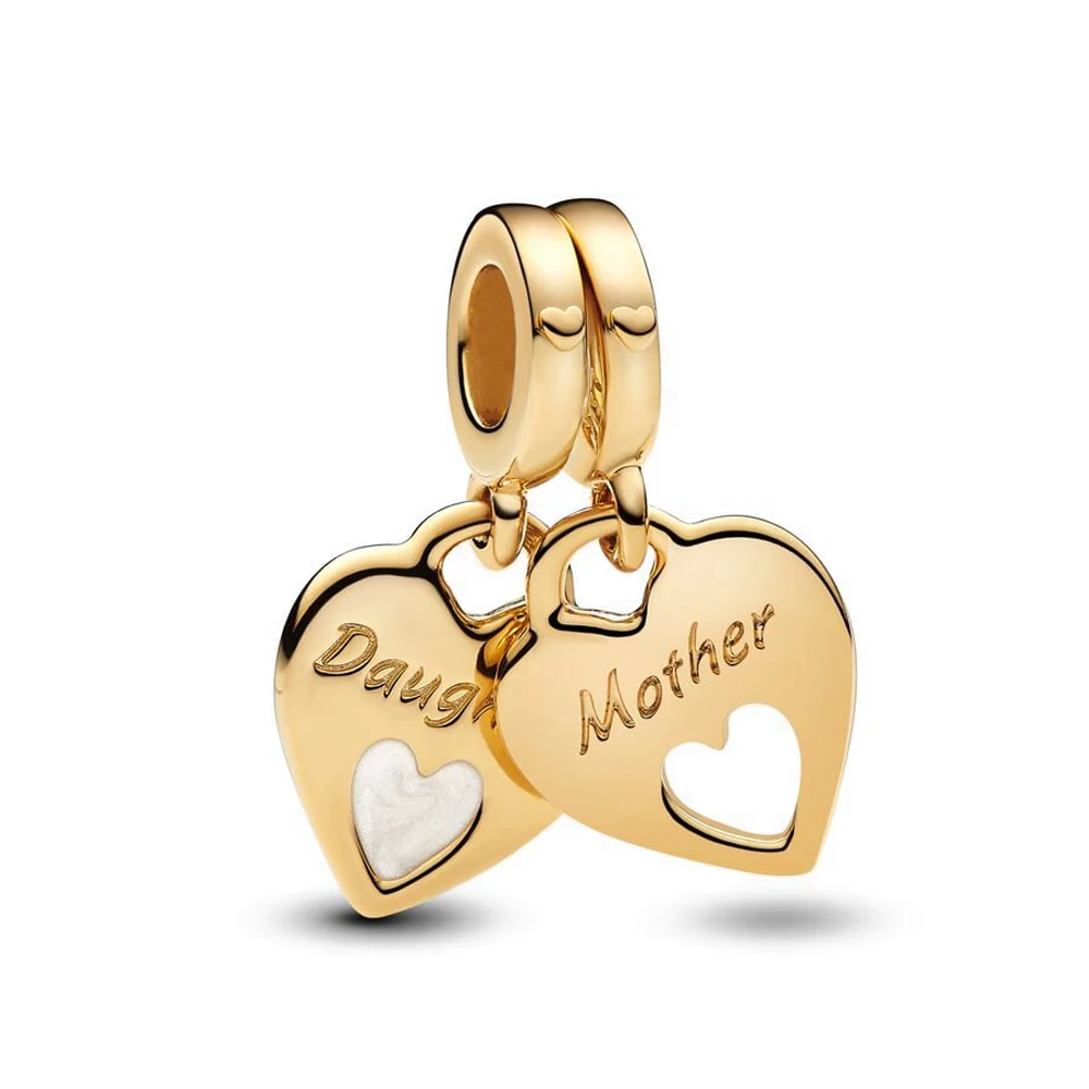 New Hot Sale Mother & Daughter Double Heart Split Dangle Charm Fit Original Pan Bracelet Fashion DIY Jewelry Mother's Day Gift