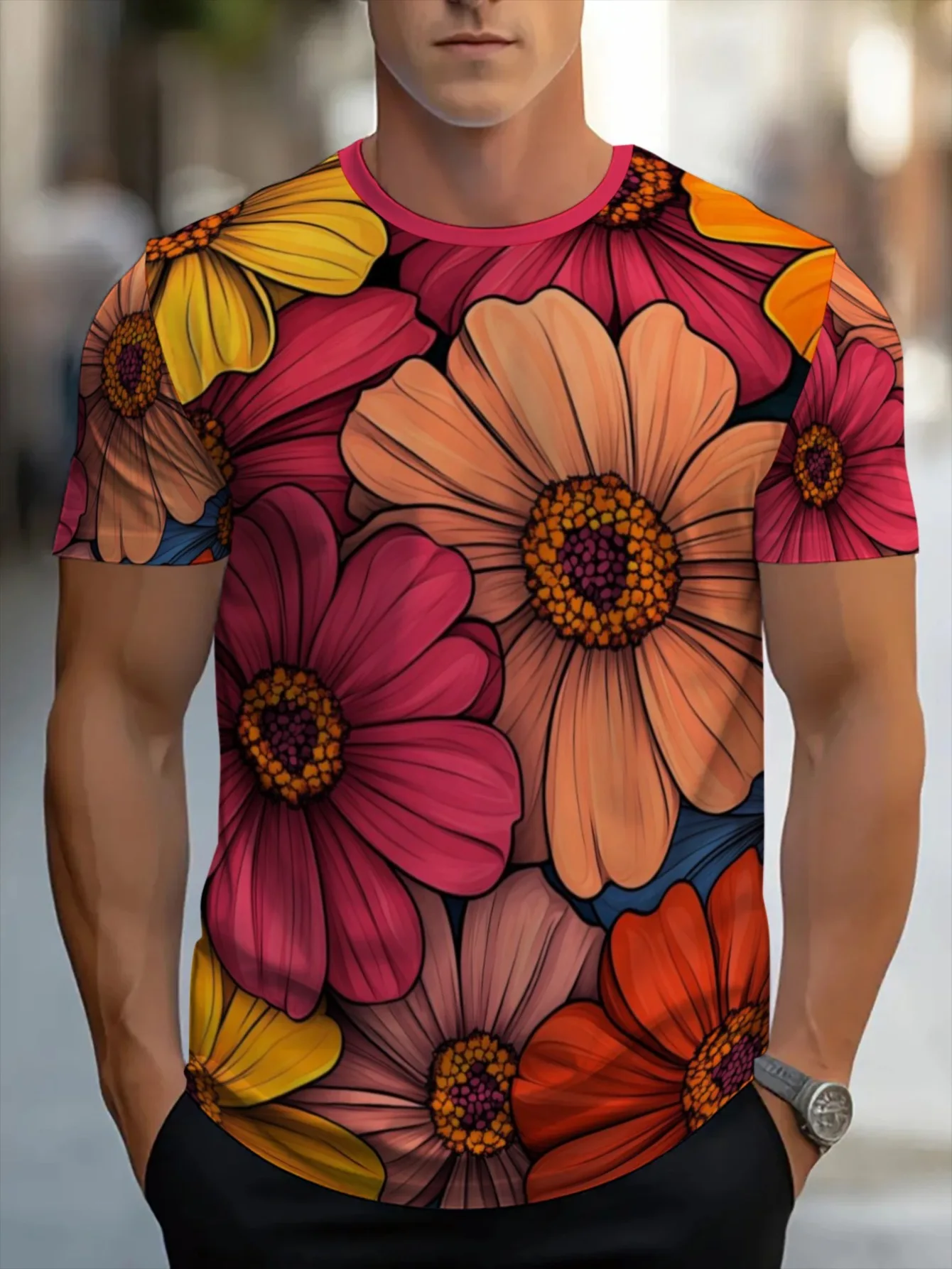 Men Colorful Daisy Floral Print Crew Neck T Shirt Lightweight Casual Short Sleeve Streetwear Tops
