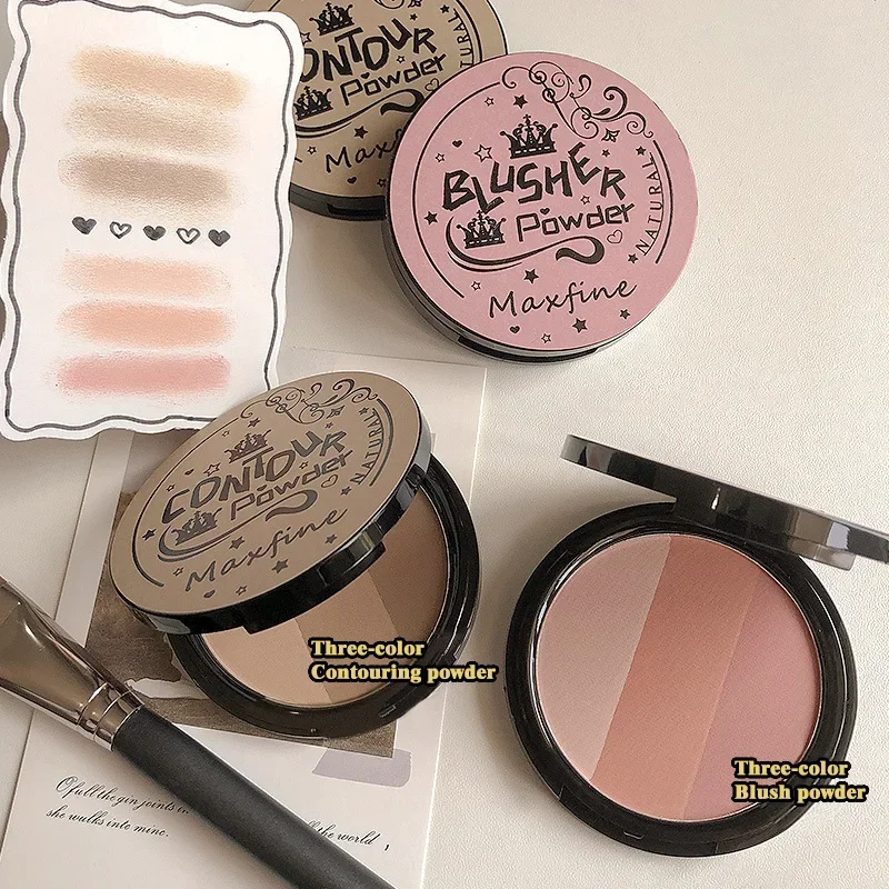 3 Colors Contour Blush Palette Matte Nose Shadow Rose Pink Cheek Glitter Glowing Illuminator Highlighter Powder Bronzer Makeup