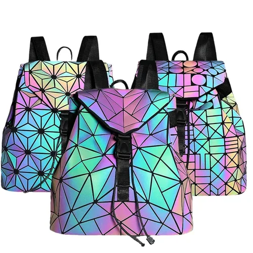 Imagen 1 del producto Mochila luminosa a la moda para mujer, mochila plegable con cordón, mochila triangular con lentejuelas para tira reflectante, bolso de estudiante para mujer