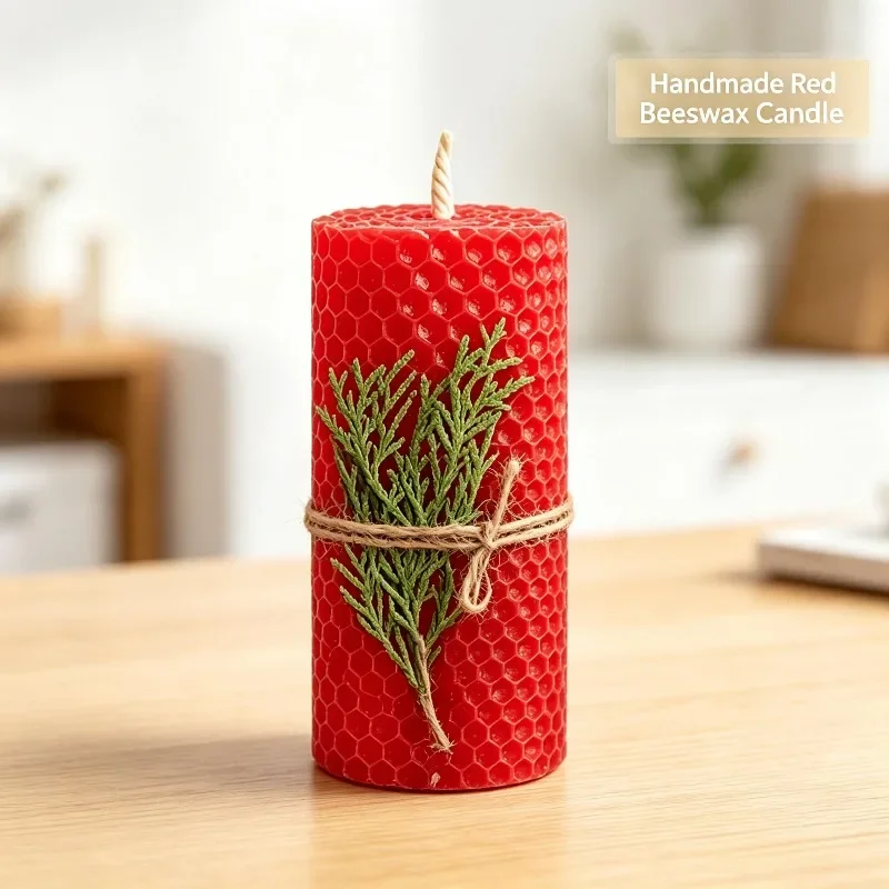 Set of 3 natural beeswax pillar candles, 5×10 cm, cinnamon with honeycomb, Christmas gift