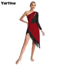 Womens Shiny Rhinestones Tassel Latin Dance Dress Salsa Tango Ballroom Dancing Dress One Shoulder Asymmetrical Fringe Dress