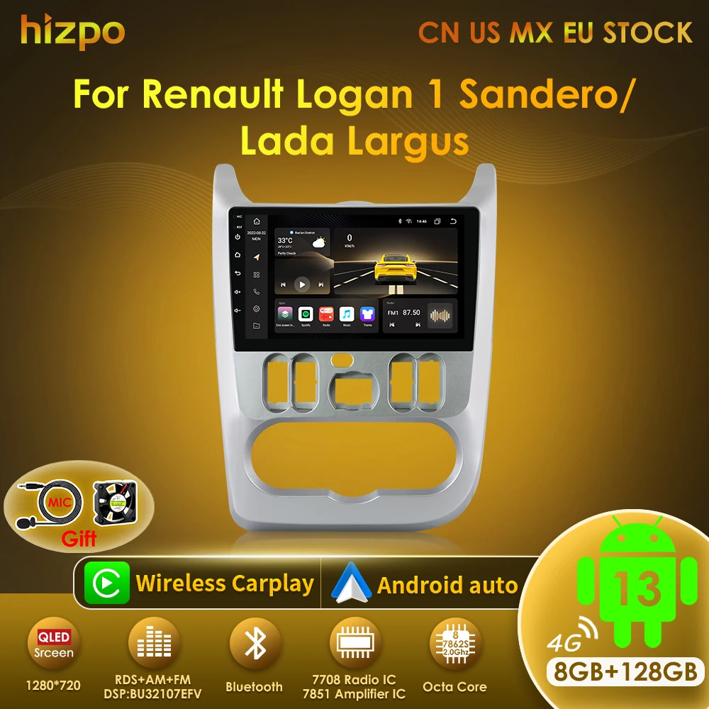 Hizpo Android 13 2Din Car Radio for Lada Renault Logan 1 Sandero 2009-2015 For Lada Largus 2012-2020 Carplay Navigation Stereo