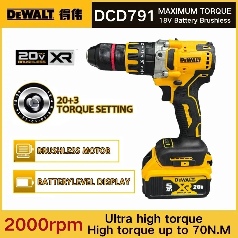 Dewalt DCD791 Brushless Electric Drill Cordless Screwdriver 13MM Chuck Impact Drill Wireless With Li-ion Battery Power Tool