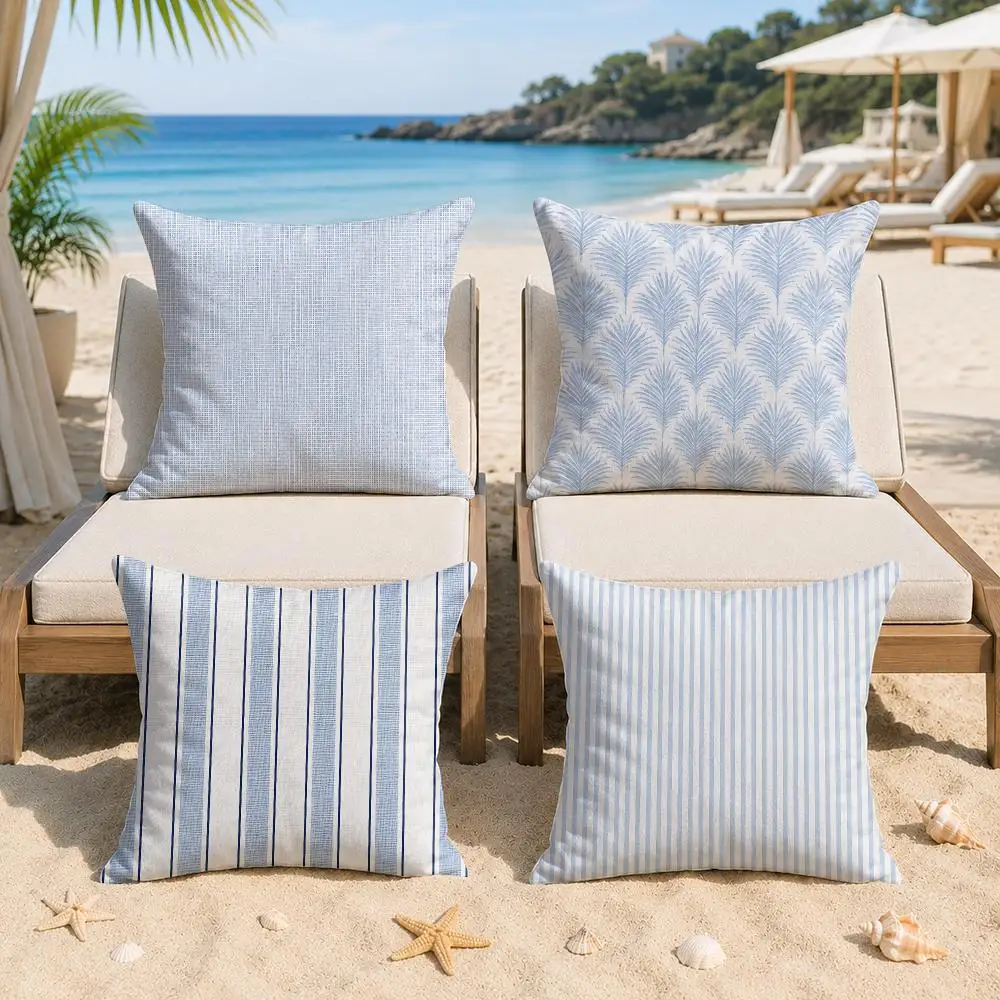 Coastal Blue White Print Cushion Cover Silky Short Plush Invisible Zipper Dustproof Sofa Pillow Case For Home Decor