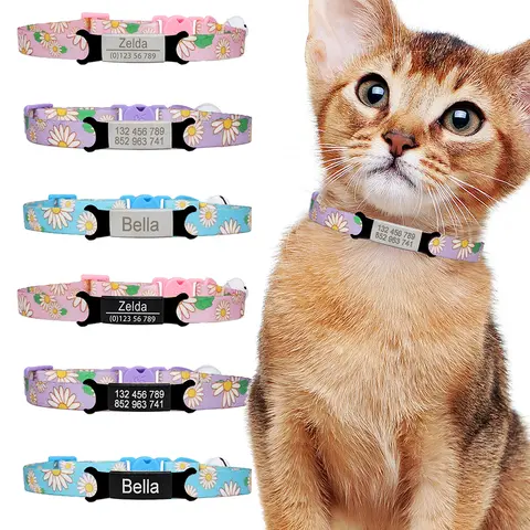 분리형 맞춤형 ID 고양이 목걸이, 맞춤형 데이지 꽃, 조절 가능한 안전 애완 동물, 귀여운 새끼 고양이 펜던트 목걸이, 애완 동물 용품