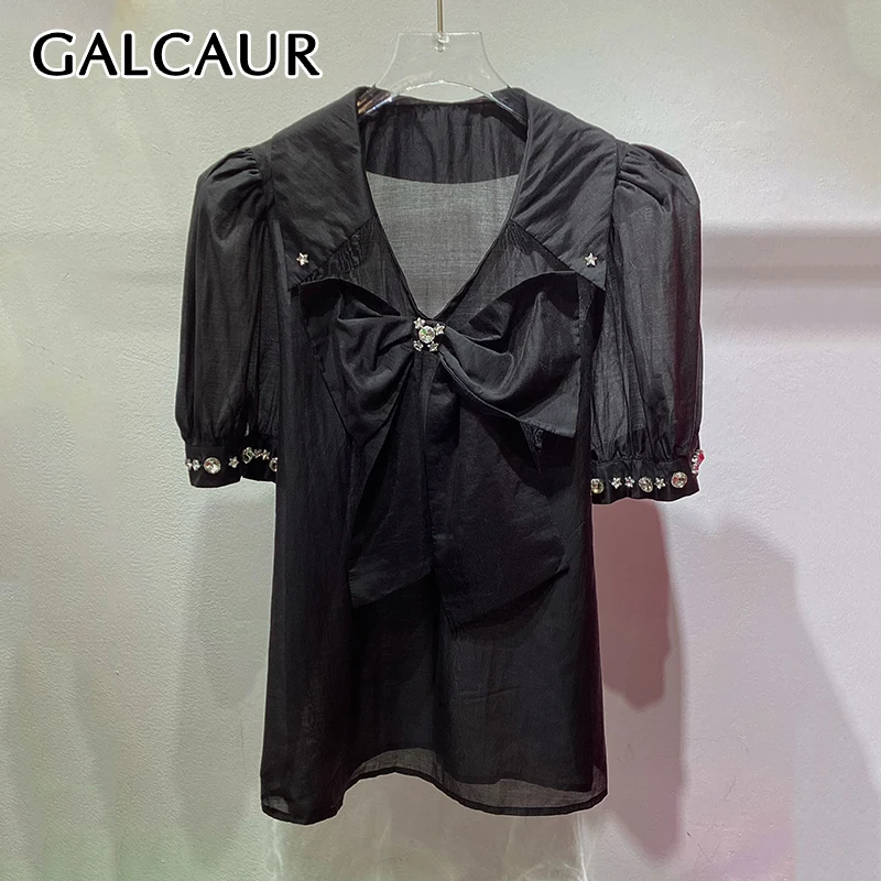 

GALCAUR Solid Spliced Bead Elegant Blouses for Women V Neck Short Sleeves Patchwork Bowknot Blouse Female Fashion Clothing New