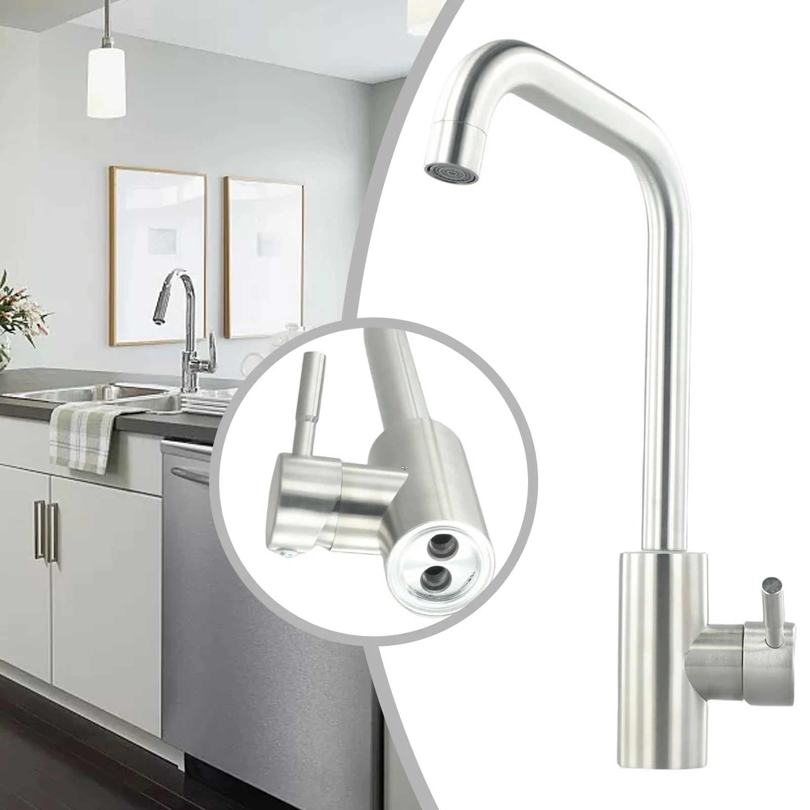 Kitchen Faucet Hot Cold Water Mixer Tap Single Handle 2 Holes Stainless Steel Water Tap 360° Rotation Deck Mounted Sink Faucet