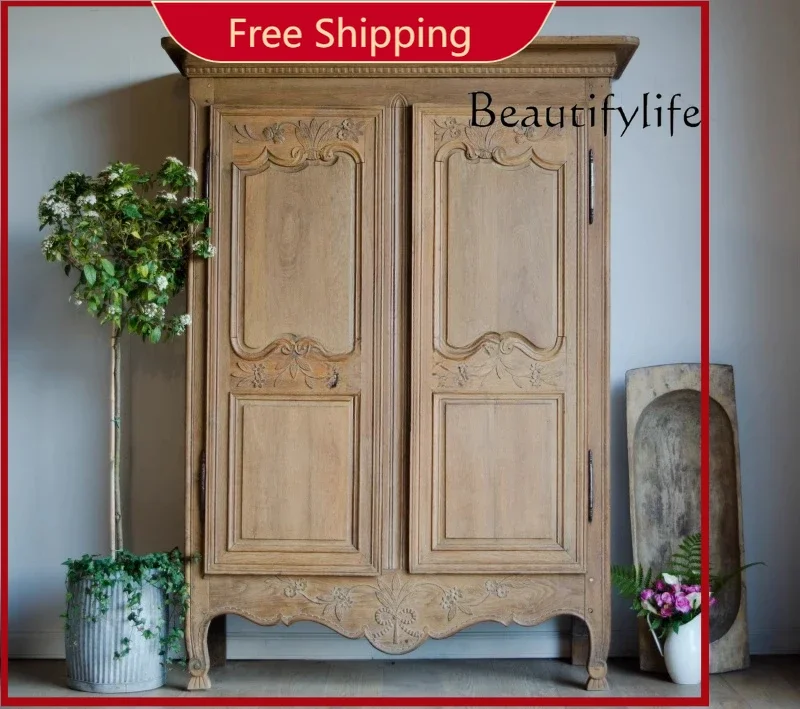 

X HFrench Antique Carved Oak Wardrobe, French Retro Solid Wood Old Double Door Wardrobe
