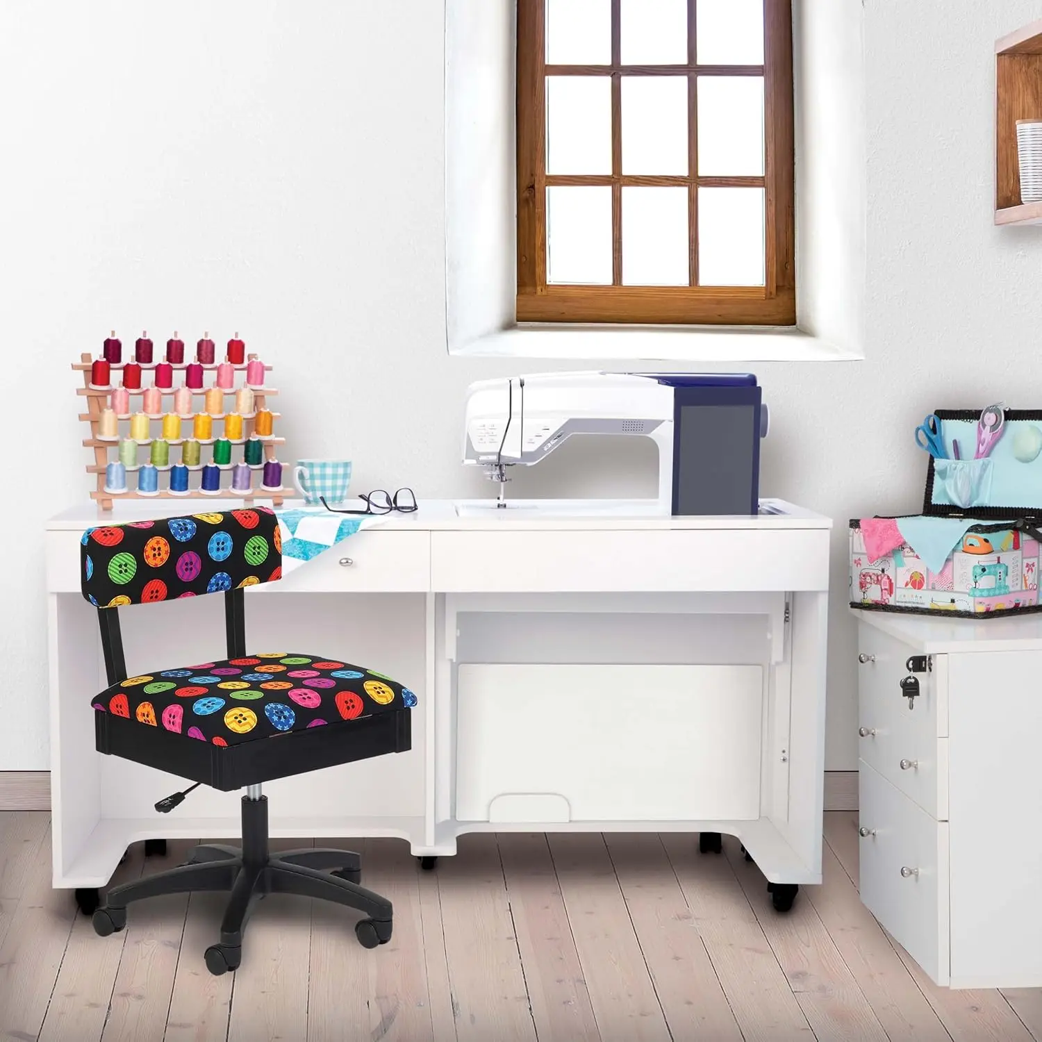 Adjustable Height Hydraulic Sewing and Craft Chair with Under Seat Storage and Printed Fabric, Bright Button Fabric Print