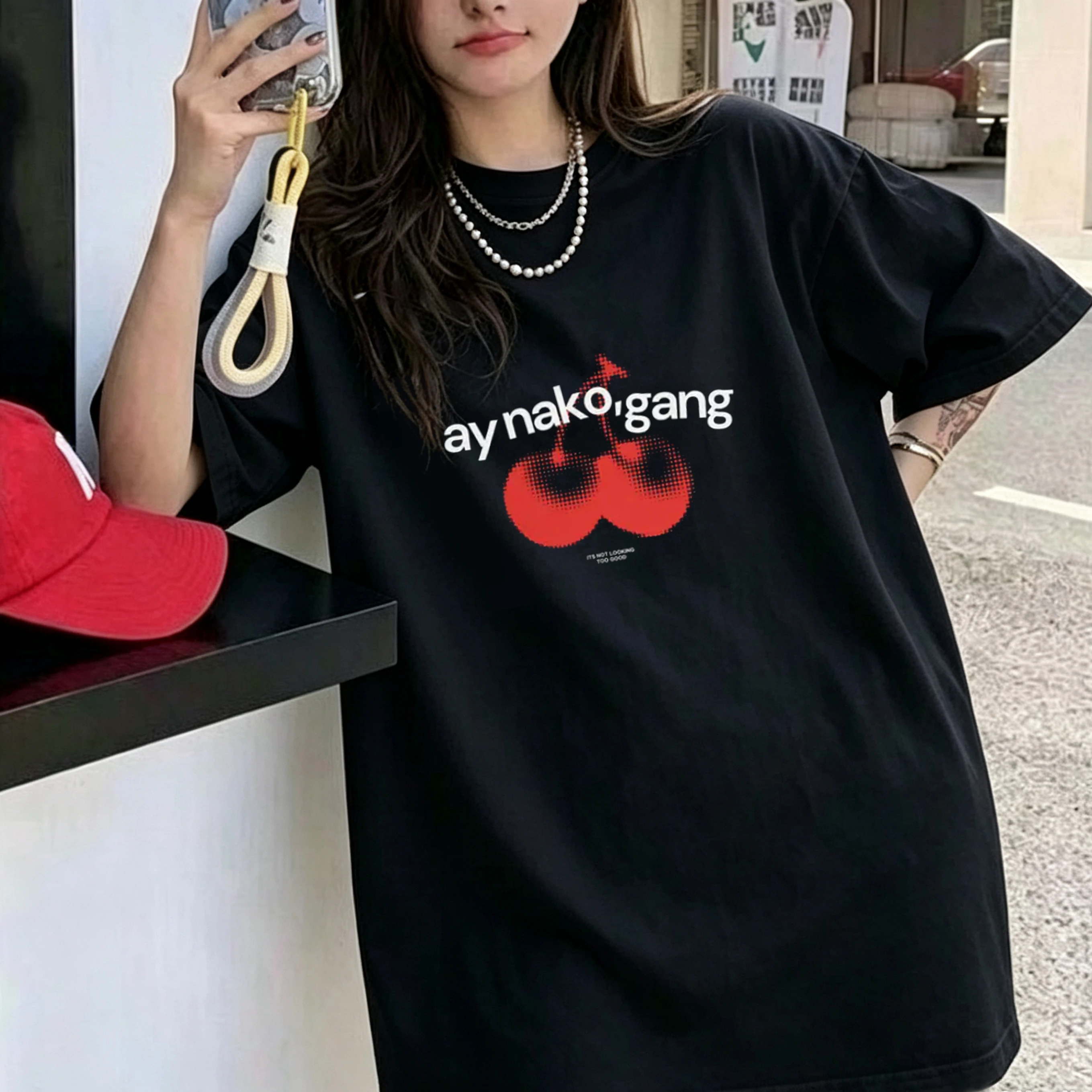 Summer Y2K Ay Nako Gang Cherry 2000s Vintage Cotton Short Sleeve T-shirt Men Women Harajuku Vintage Streetwear Casual Tee Tops