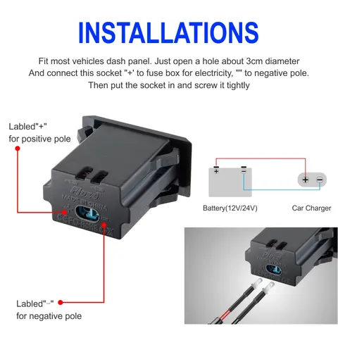 QC3.0 PD Dual USB Port Car Charger Socket 12V 24V Phone Charging Outlet Power Adapter for Motorcycle Camper Truck ATV Boat RV