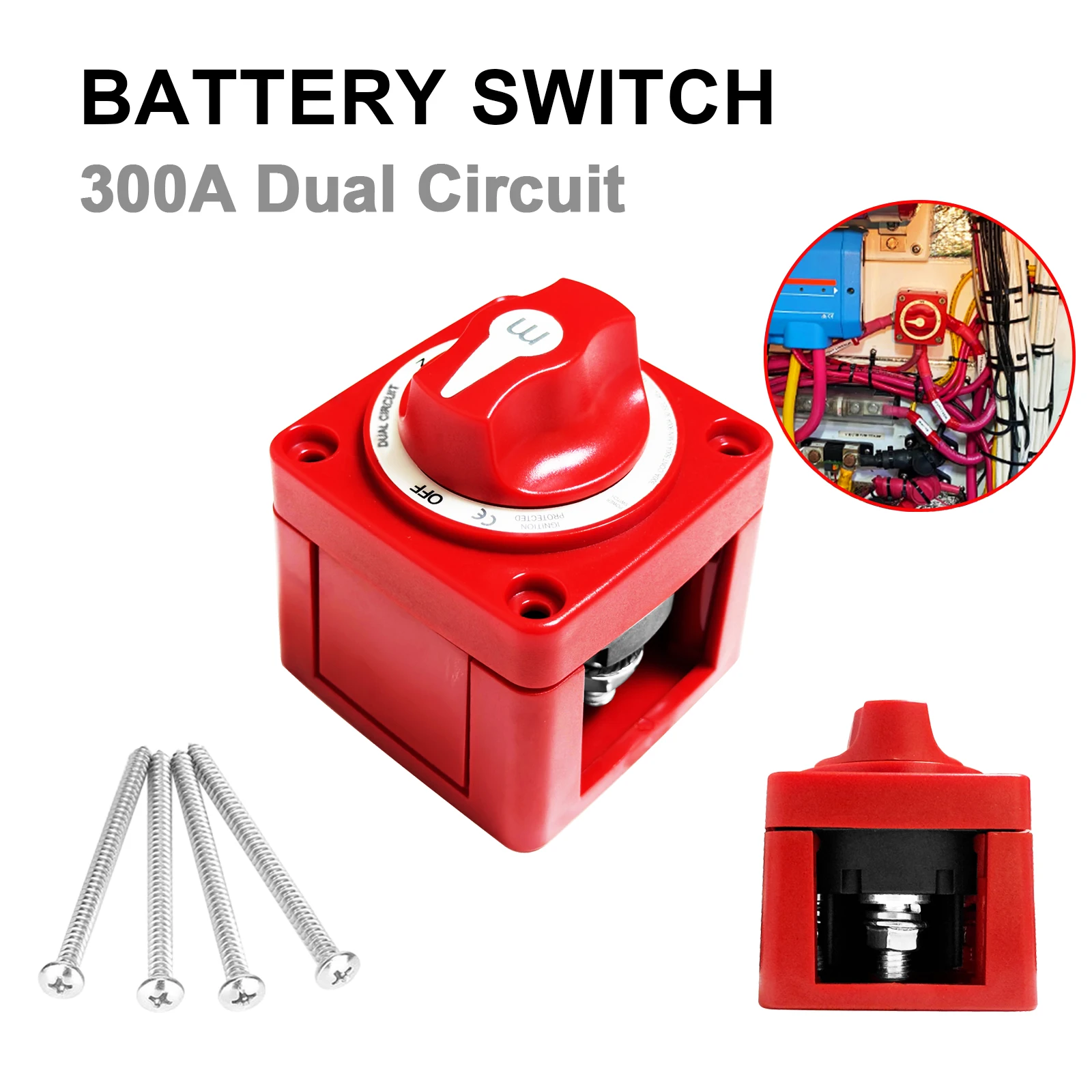 Dual Circuit Battery Disconnect Switch with Knob 32V 300A DC Marine Boat Battery Switch High Current On/Off RV Car Yatch