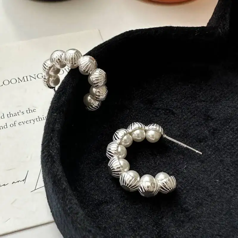 925 Sterling Silver Shell Pearl Puffy Charlotte Hoops Earrings For Women Trendy C-type Piercing Earrings Korean Style Her Gifts