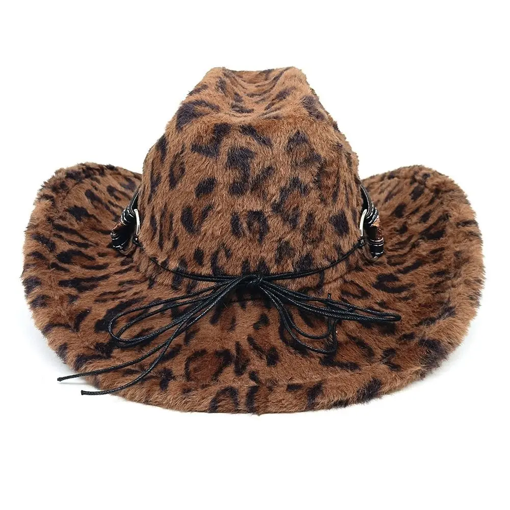 Leopard Print Faux Fur Cowboy Hat Windproof Fluffy Wide Brim Cowboy Cap Bull Head Decoration Rivet Detail Western Cowboy Hat