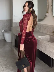 Mozision Lace Patchwork Velvet Sexy Maxi Dress For Women Wine Red O Neck Sheer Long Sleeve Backless Slit Club Party Long Dress