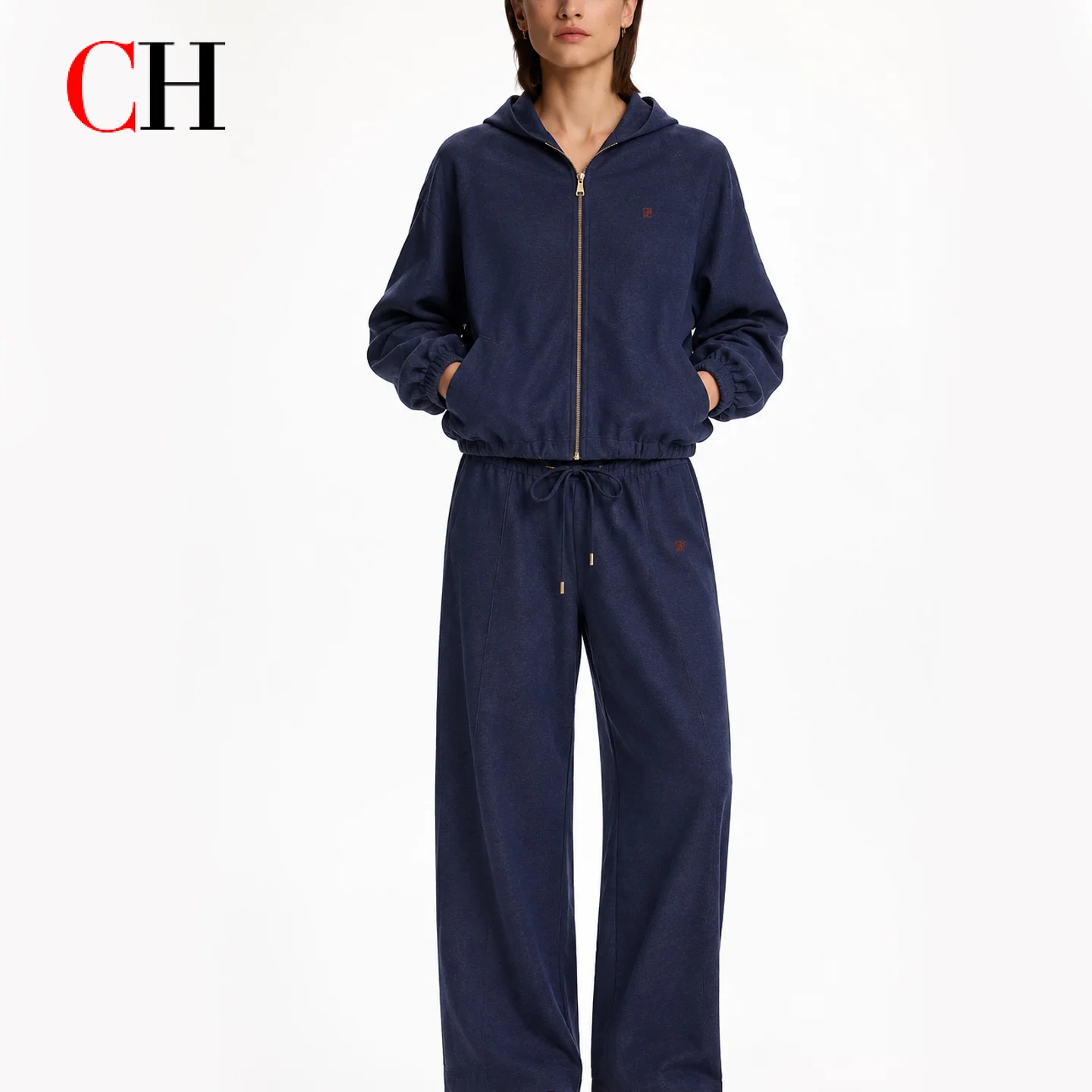 CH Women's Navy Blue Hooded Tracksuit Set Long Sleeve Zip Up Jacket Wide Leg Pants Casual Sportswear Lounge Outfit