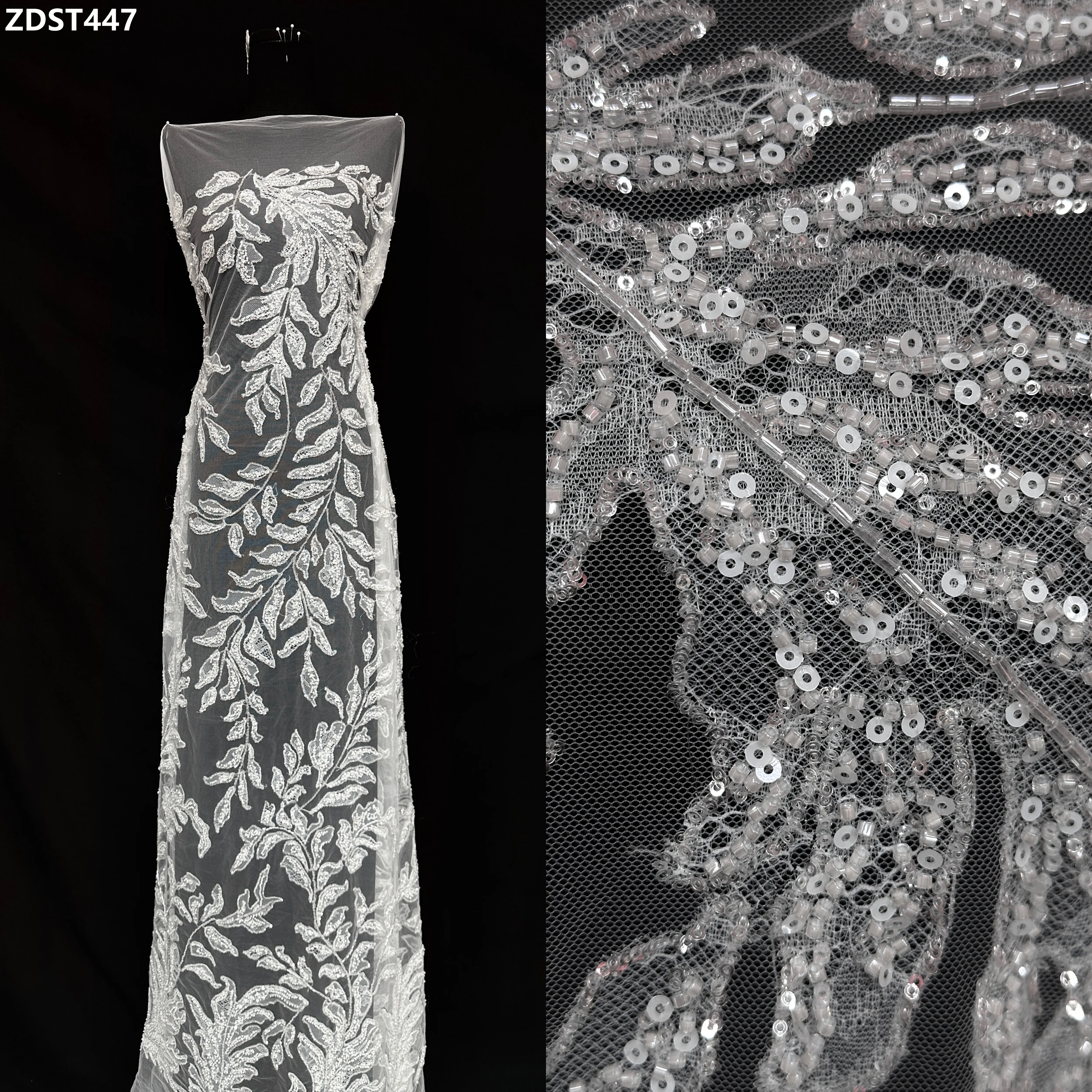 

Elegant French Tulle Lace Fabric Heavy Mesh Sequins Beads Rhinestone Handmade Design for Wedding Best Selling 2026