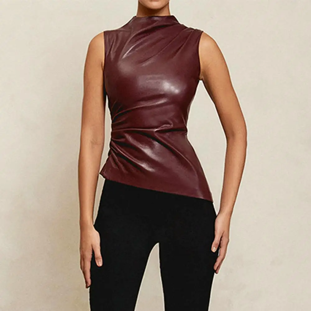 Женский топ из искусственной кожи, стильный женский мотоциклетный жилет с пилочным воротником, дизайн без рукавов, модный асимметричный подол из искусственной кожи
