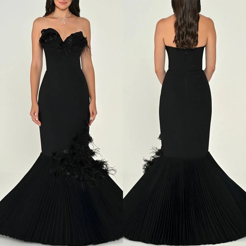 

Customized Elegant Black Jersey Evening Dress Formal Strapless Sleeveless Celebrity Gowns Classic Mermaid Feathers Party Dresses