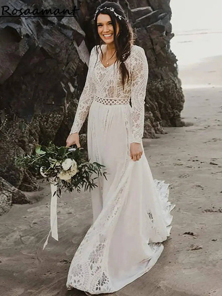 2024 Boho Country Long Sleeve A-Line Wedding Dresses V-Neck Appliques Lace Bridals Gowns