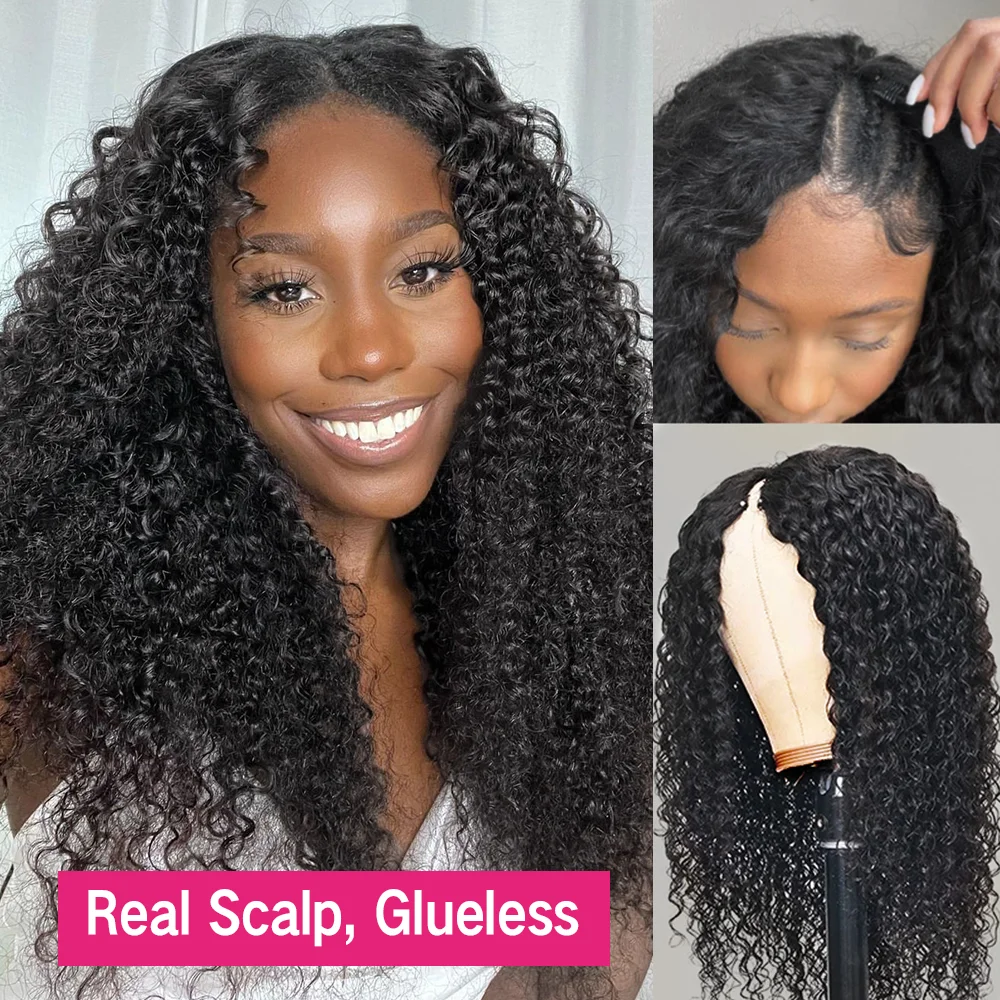 Curly V Part Wig Human Hair 250% Glueless V U Part Human Hair Wigs for Women Brazilian Remy Deep Wave 30 32 34 Inch Wigs on Sale