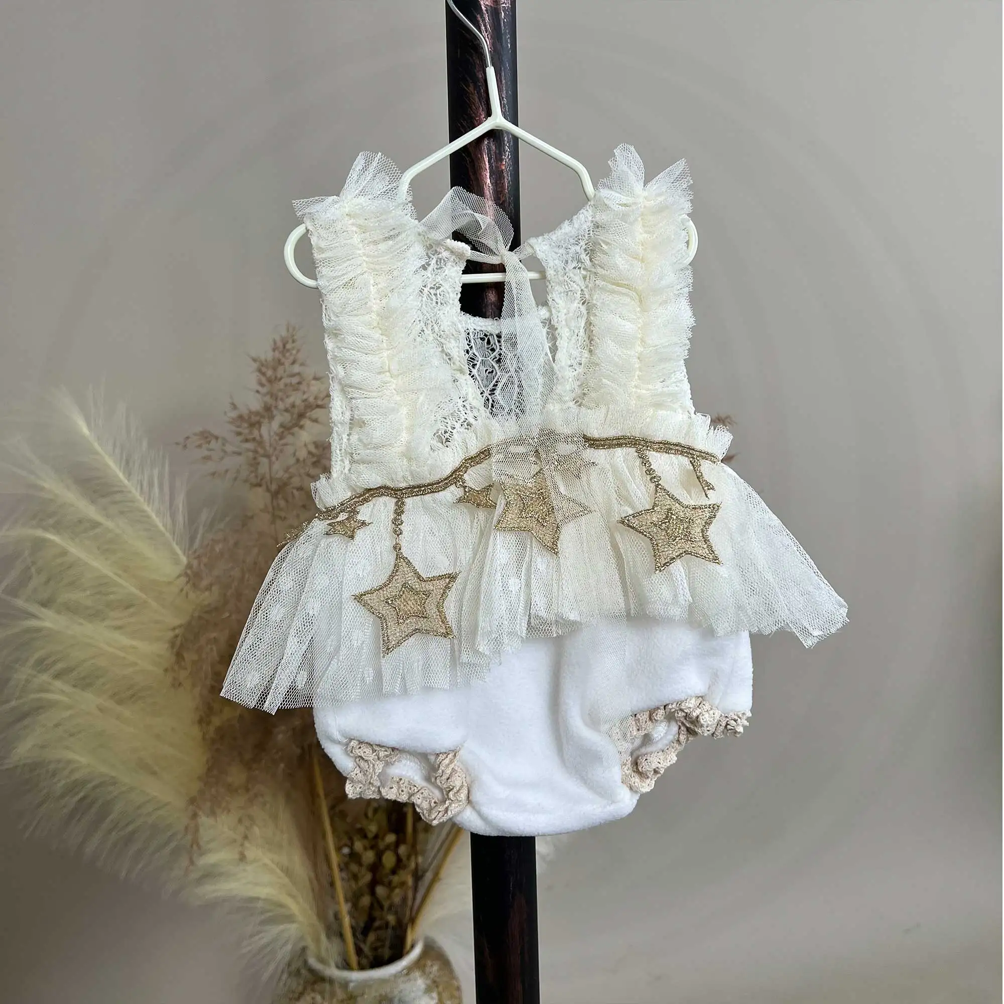 Don&Judy Newborn Baby Girl Polka Dot Tulle Romper Star Print Mesh Bodysuit Long Sleeve Jumpsuit Infant Princess Photo Prop