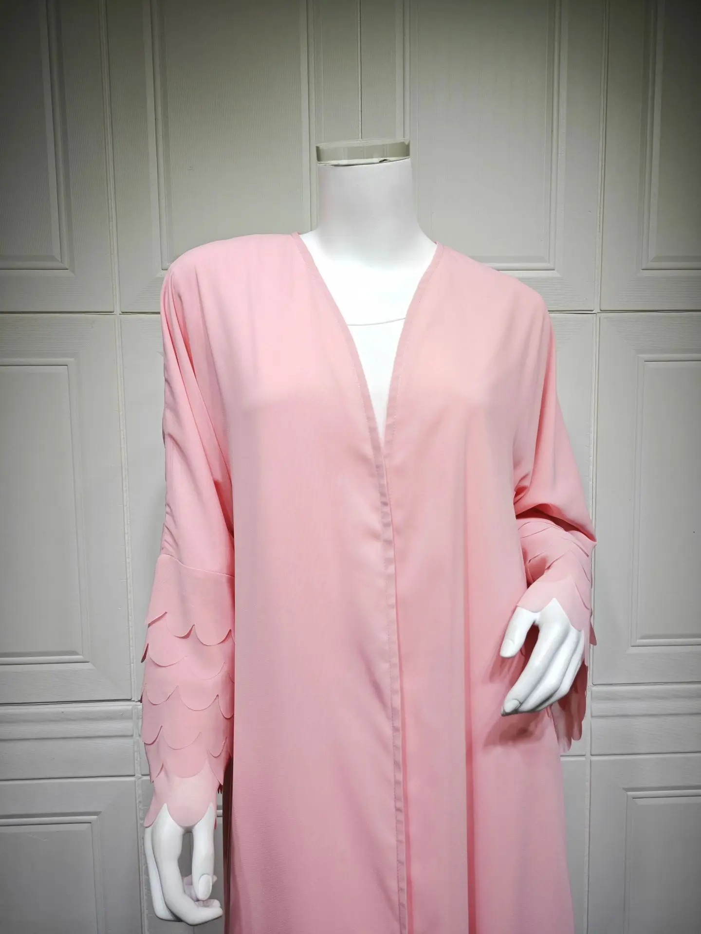 

Uni Muslim Fashion Dubai Women Pink Chiffon with Hijab Open Kimono Abaya Saudi Moroccan Kaftan Elegant Party Turkish Arab Robe